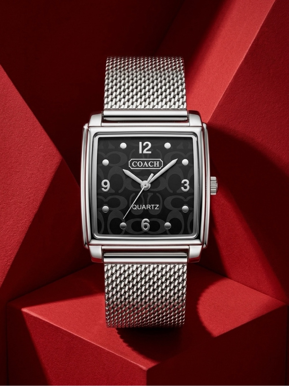 Coach Signature Black Dial Square Mesh Stainless Steel Watch